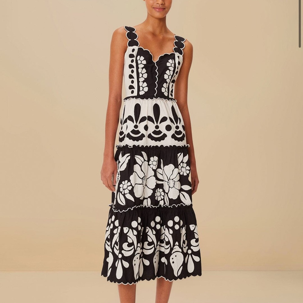 FARM Rio Black and White Tiered Midi Dress